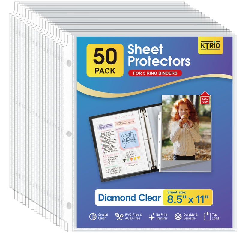 KTRIO Sheet Protectors 8.5 x 11 inch, Clear Page Protector for 3 Ring Binder, Plastic Sleeves for Binders, Top Loading Paper Sheets Document Sleeve Letter Size, Office & Home, 50 Pack - Image 1