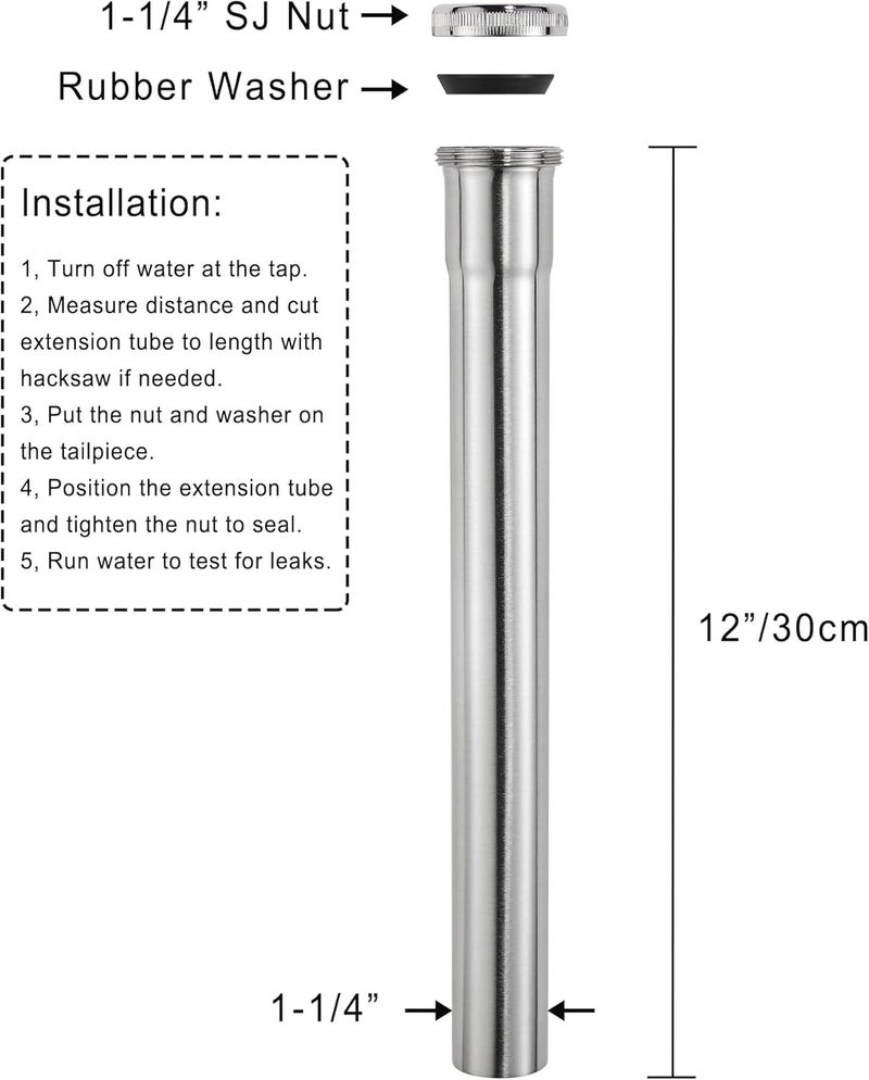 Fipoque Brass Slip Joint Extension Tube 1-1/4” OD x 12” with Nut and Rubber Washer, P Trap Extension Tube, Sink Drain Tailpiece Tube Extension, Brushed Nickel - Image 4