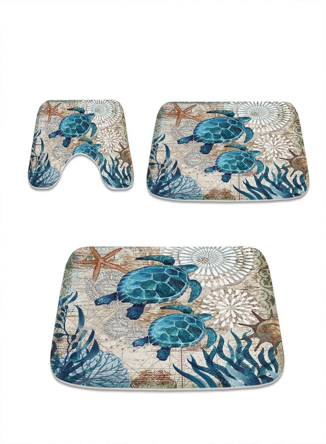 Final Friday Nautical Sea Turtles Blue Ocean Beach Bathroom Rugs and Mats Sets 3 Piece, Memory Foam Bath Mat, U-Shaped Contour Shower Mat Non Slip Absorbent, Velvet Washable 20 x 31 inch - Image 1