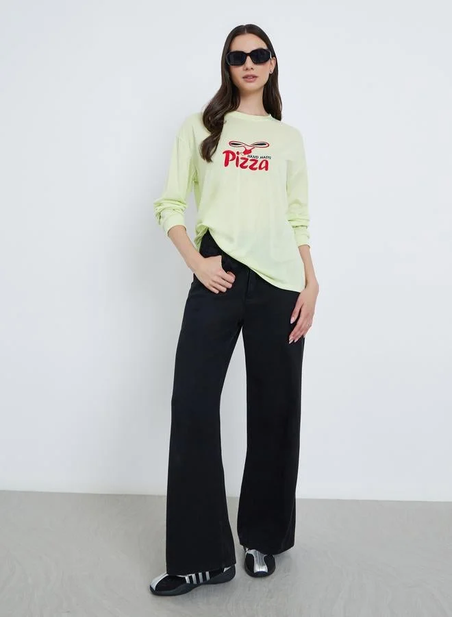 Take Two Take Two Green Embroidered Pizza Slogan T-Shirt