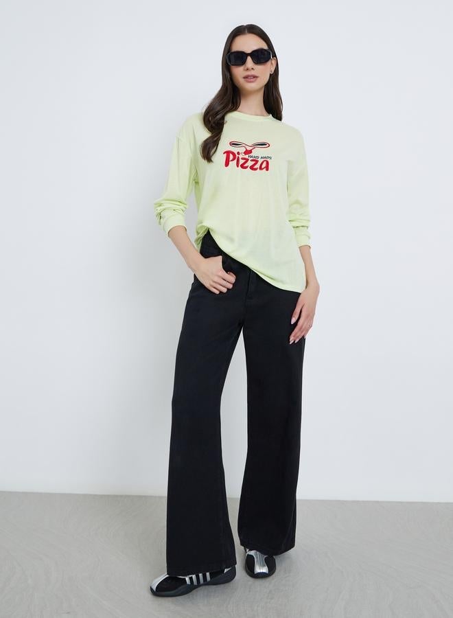 Take Two Green Embroidered Pizza Slogan T-Shirt - Image 2
