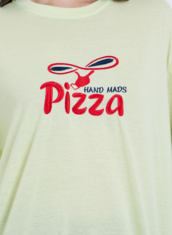 Take Two Green Embroidered Pizza Slogan T-Shirt - Image 3