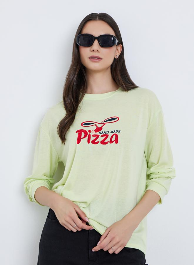 Take Two Green Embroidered Pizza Slogan T-Shirt - Image 1