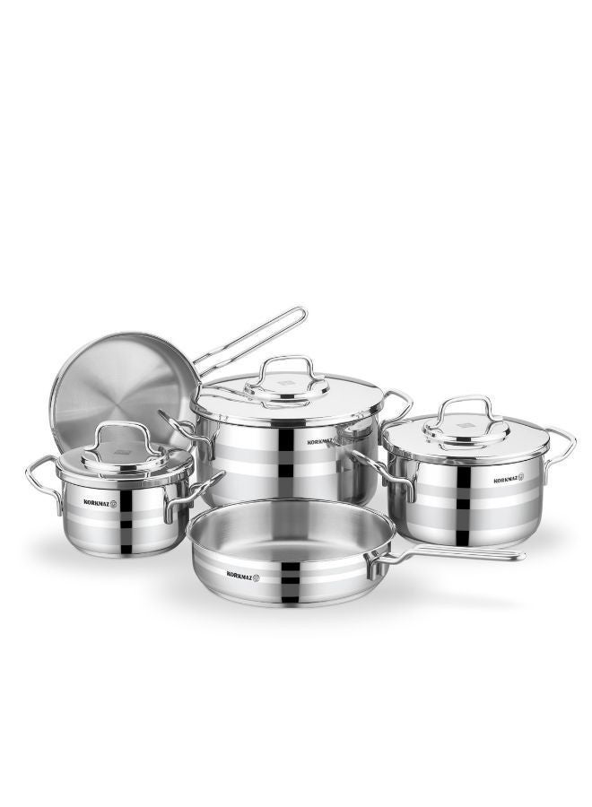 ASTRON 8 PCS COOKWARE SET | STAINLESS STEEL POTS AND PANS SET | INDUCTIONS COMPATIBLE COOKING SET | SILVER - KA2055 SILVER