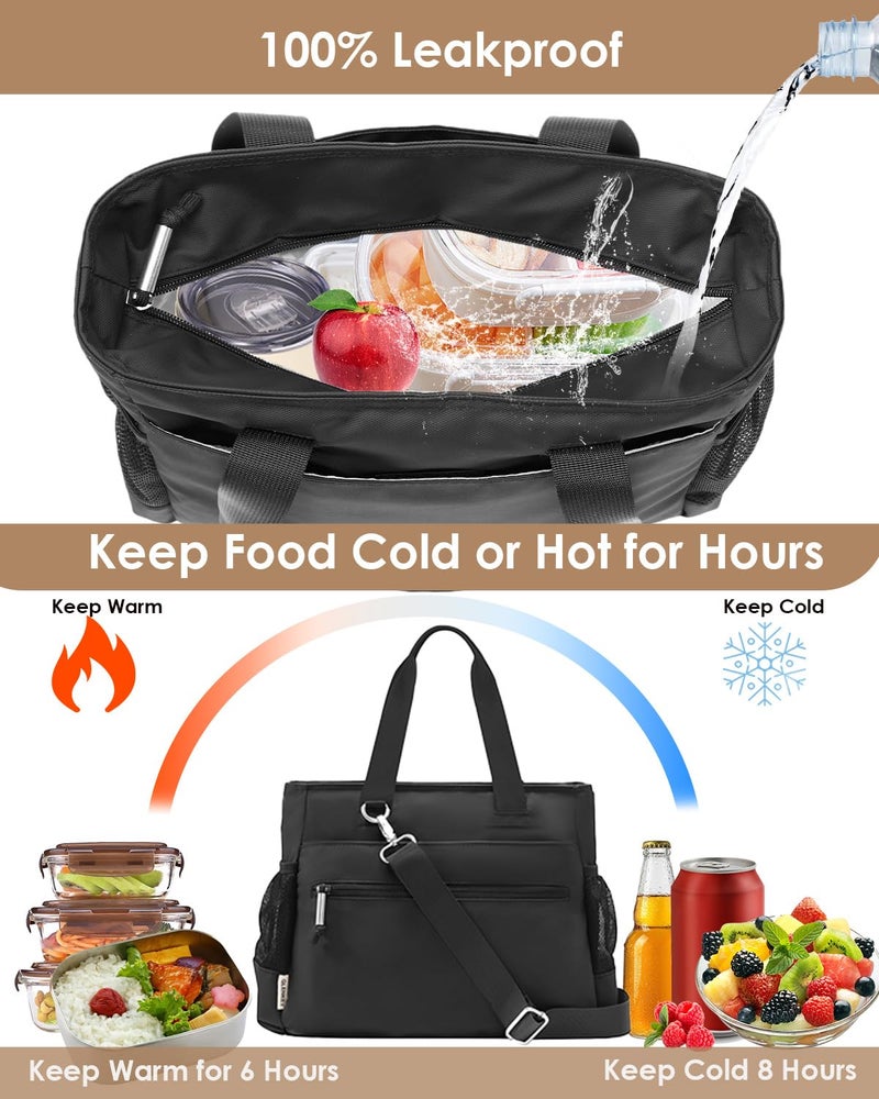 GLENKEY Insulated Lunch Box Lunch Bag Tote - Large Leakproof Cooler Bags for Women - Soft Lunchbox for Adults Work Shift Picnic Travel Black 10L - Image 5