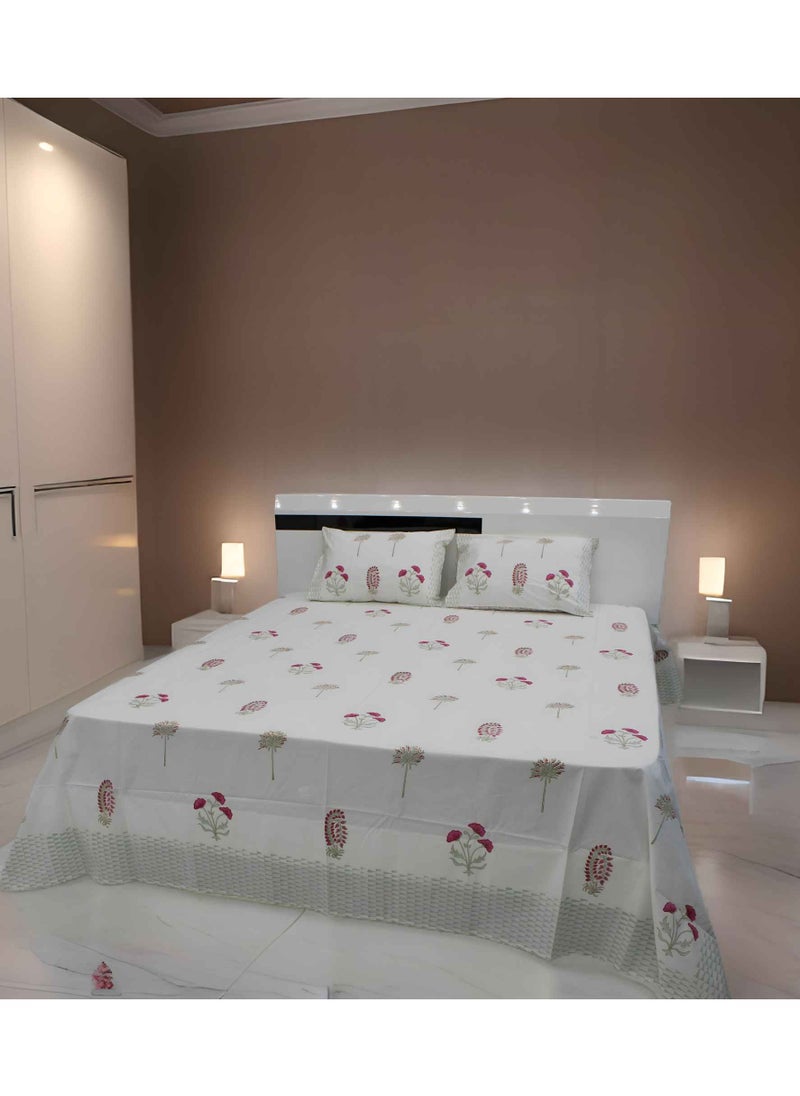 MARHABA CURTAIN 100% Cotton Jaipuri Handblock Print Double Bed Sheet with 2 Pillow Covers Premium Quality, Soft, Breathable (WHITE LILLY 11)  - Image 1