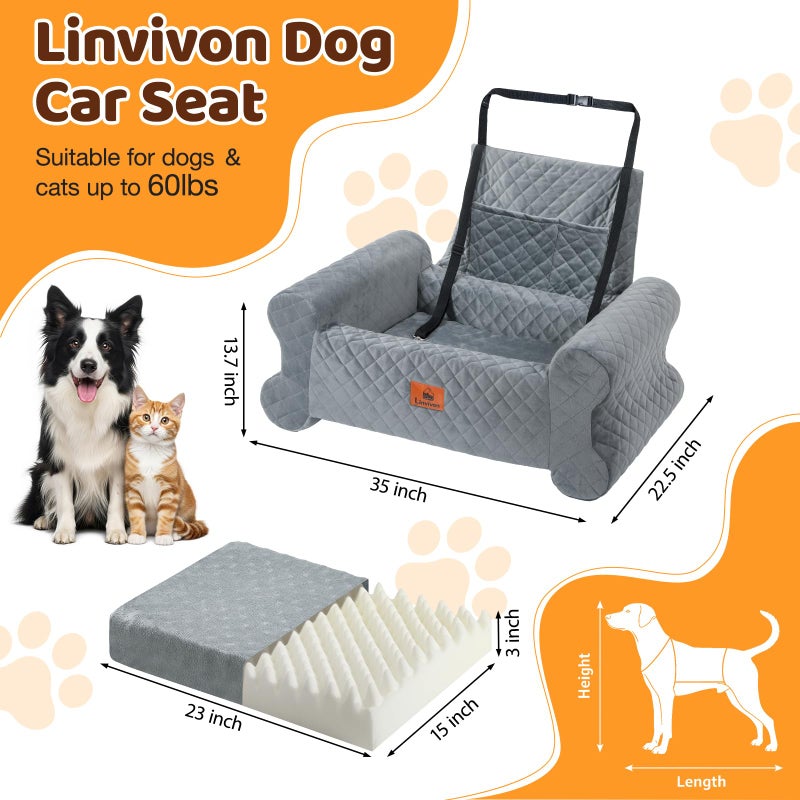 Linvivon Dog Car Seat for Medium/Large Dogs up to 60 lbs, Memory Foam Dog Booster Seat with Thick Cushion, Pet Car Seat for Back with Detachable Washable Cover, Storage Pockets for SUV, Pick Up, Trunk, Grey - Image 2
