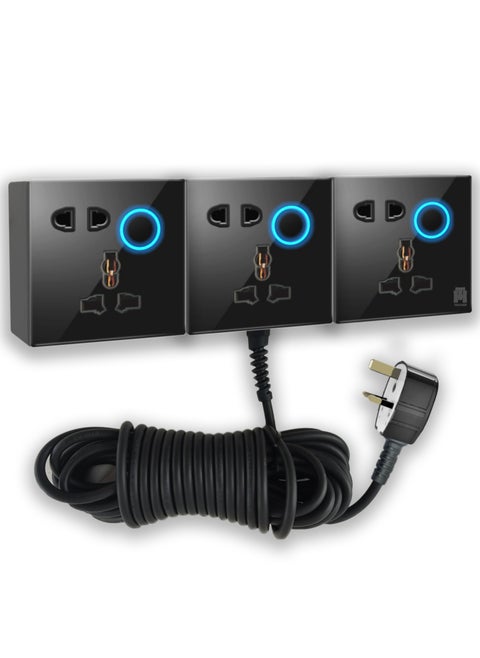 Universal Glass Socket Triple Extension Board with Heavy Duty Cord, Sleek Design, and Neon Indicators