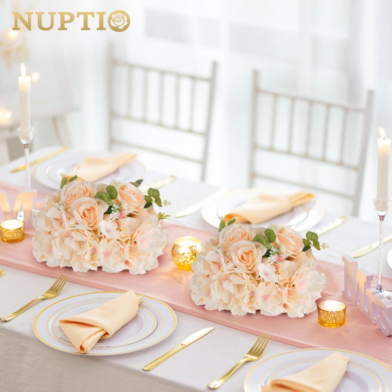 NUPTIO Flower Ball Arrangement Bouquet: 2 Pcs 11.8 inch Diameter Champagne Rose Fake Flowers Balls for Wedding Centerpiece Decorations Artificial Flower Centerpieces for Tables - Image 2