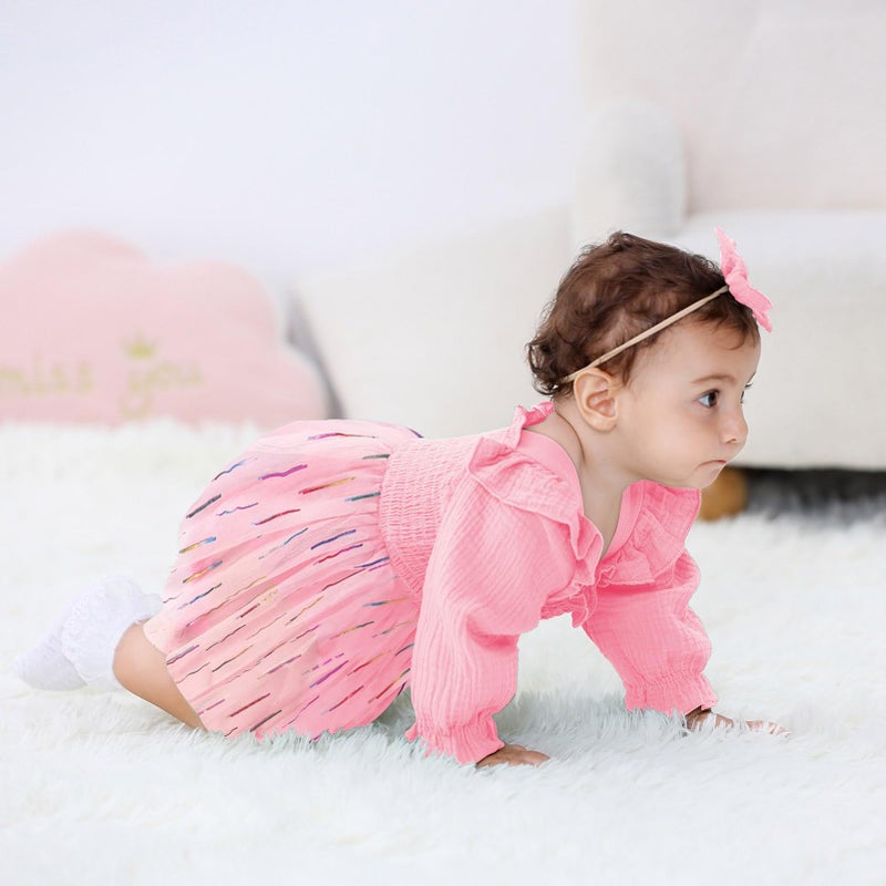 TITKKOP Baby Girl 1st Birthday Clothes One Year Old Tulle Romper Long Sleeve Bodysuit Cake Smash Outfits(pink,12-18M) - Image 3