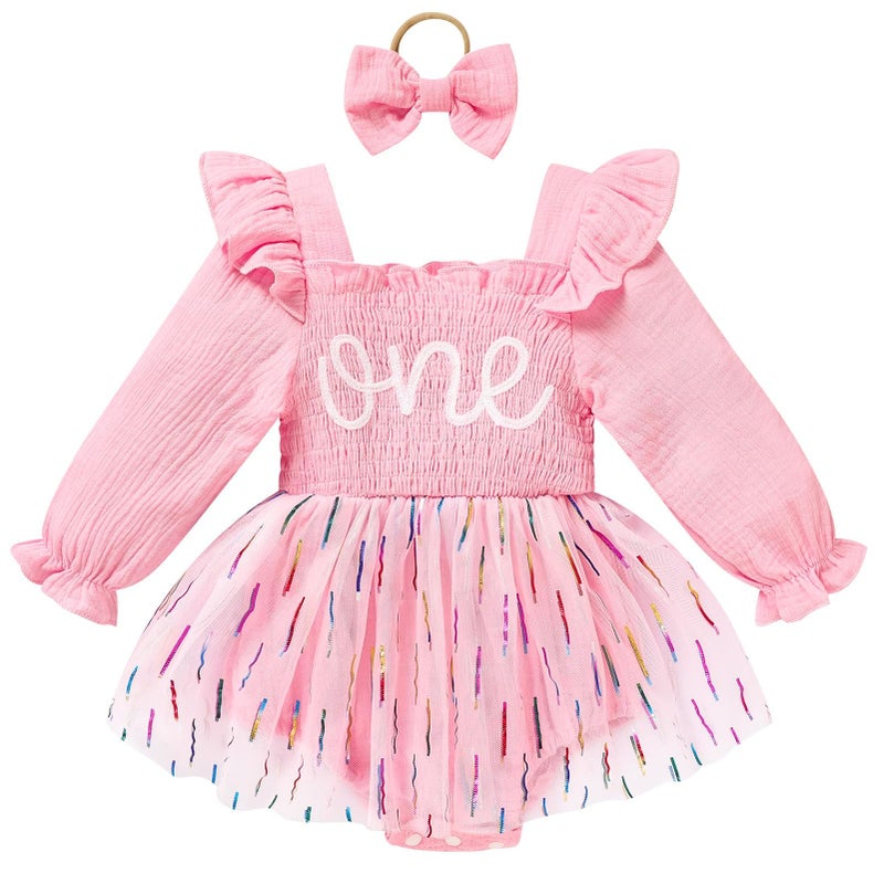 TITKKOP Baby Girl 1st Birthday Clothes One Year Old Tulle Romper Long Sleeve Bodysuit Cake Smash Outfits(pink,12-18M) - Image 1