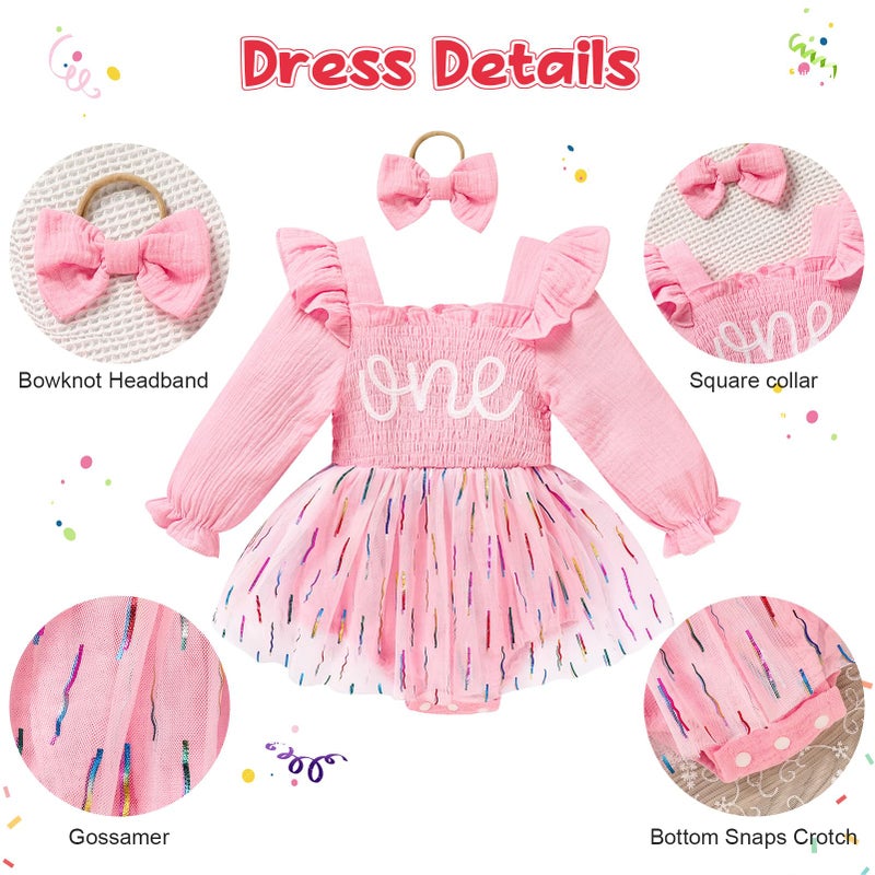 TITKKOP Baby Girl 1st Birthday Clothes One Year Old Tulle Romper Long Sleeve Bodysuit Cake Smash Outfits(pink,12-18M) - Image 5