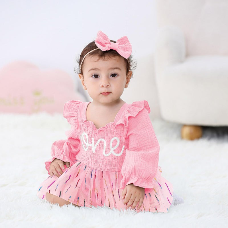 TITKKOP Baby Girl 1st Birthday Clothes One Year Old Tulle Romper Long Sleeve Bodysuit Cake Smash Outfits(pink,12-18M) - Image 2