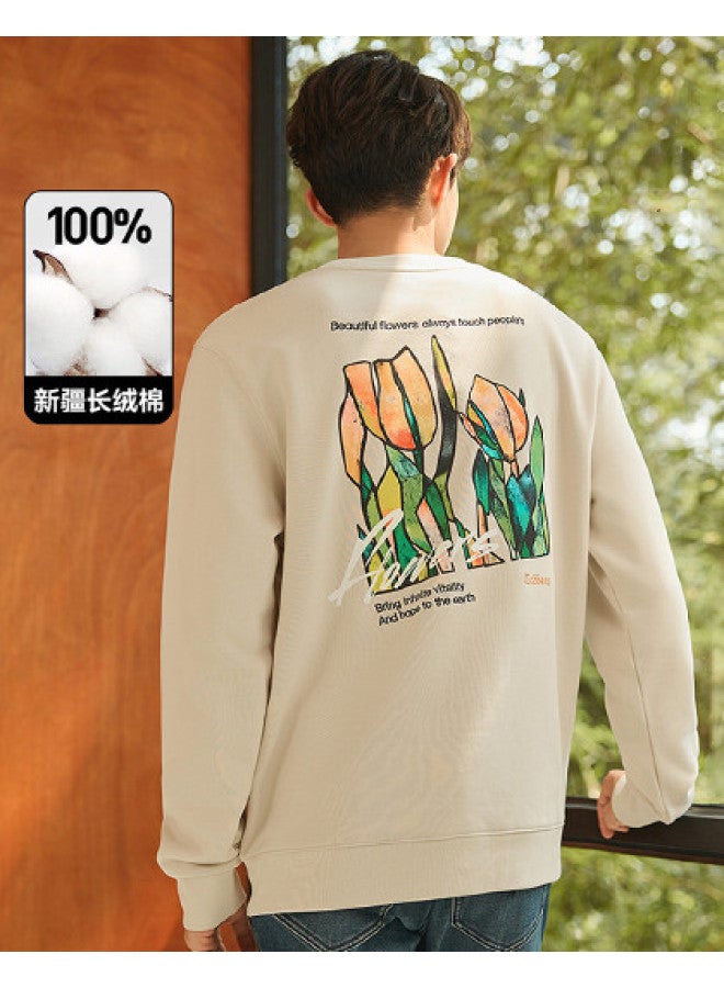 Cabbeen Oil Painting Style Printed Sweatshirt Spring Autumn Tulip Pattern Trendy Top - Image 1