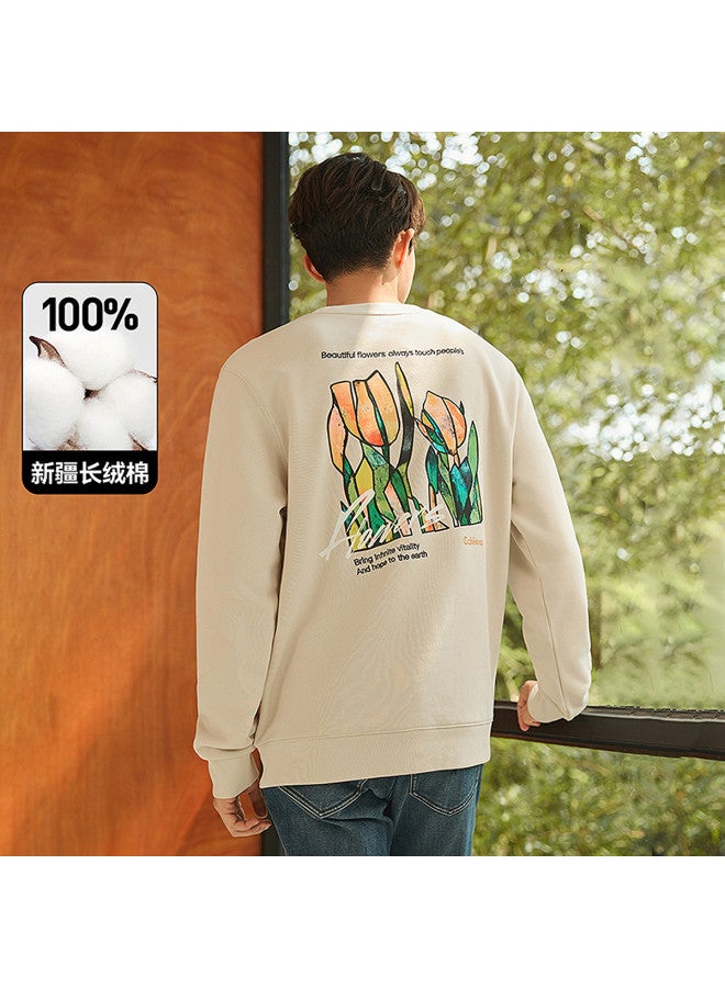 Cabbeen Oil Painting Style Printed Sweatshirt Spring Autumn Tulip Pattern Trendy Top - Image 2