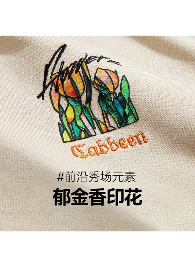 Cabbeen Oil Painting Style Printed Sweatshirt Spring Autumn Tulip Pattern Trendy Top - Image 3