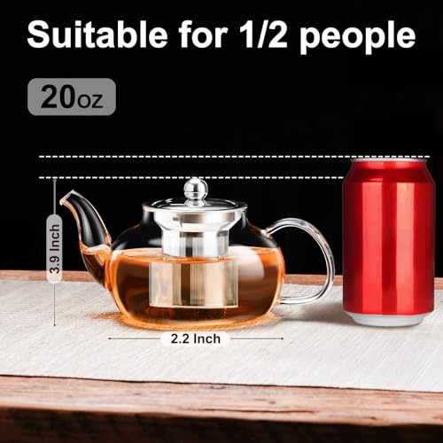 PARACITY Glass Teapot Stovetop 20 OZ, Tea pot with Removable 18/8 Stainless Steel Infuser, Borosilicate Clear Tea Kettle, Teapot Blooming and Loose Leaf Tea Maker Tea Brewer for Camping, Travel - Image 3