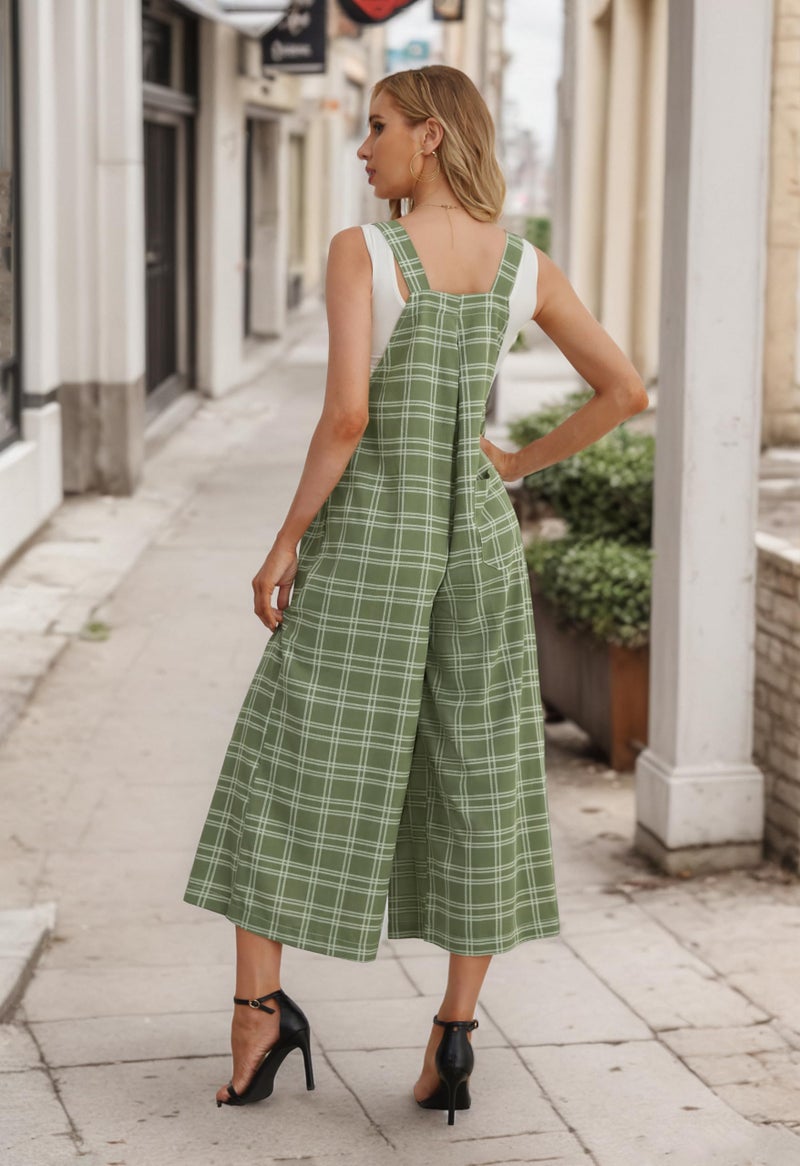 IWOLLENCE Women's Summer Jumpsuits Boho Wide Leg Overalls Casual Loose Rompers with Pockets 2024 Dark Green Pane Medium - Image 3