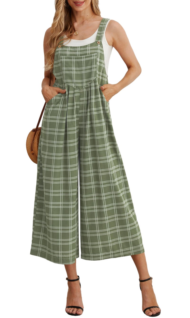 IWOLLENCE Women's Summer Jumpsuits Boho Wide Leg Overalls Casual Loose Rompers with Pockets 2024 Dark Green Pane Medium - Image 1