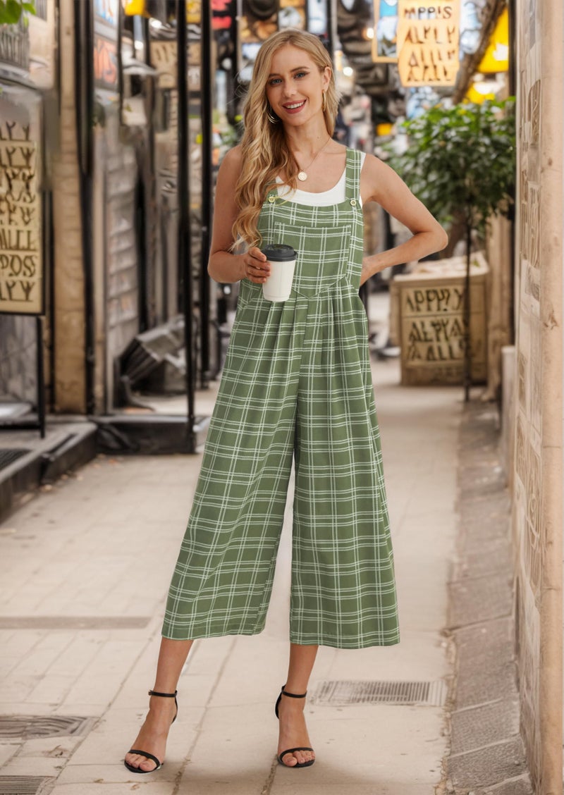 IWOLLENCE Women's Summer Jumpsuits Boho Wide Leg Overalls Casual Loose Rompers with Pockets 2024 Dark Green Pane Medium - Image 2