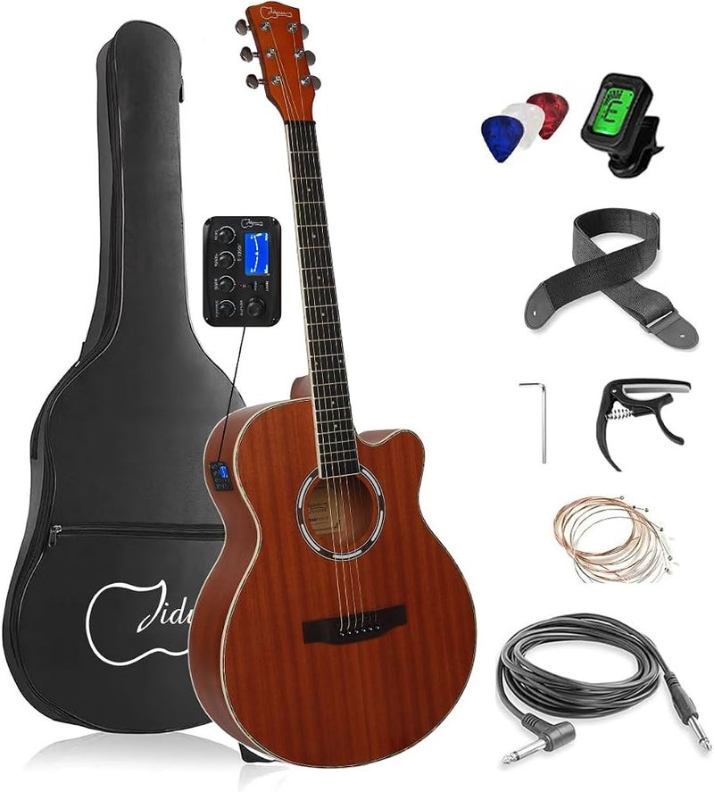 جيديوس جيدىوس (Jidyous) غيتار كهربائي أكوستيكي بحجم كامل مقاس 40 بوصة، من نوع سابيل (Sapele)، 6 أوتار، مع حقيبة لحمل الغيتار، معدل تعديل صوتي (EQ) ذو 4 أضلاع، أداة لتعديل الأوتار، أدوات للعزف، وحزام للكتف مناسب للمبتدئين والبالغين. - Image 1