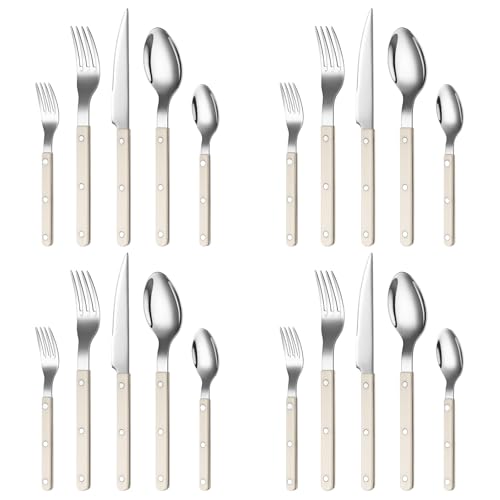 Khen Cutlery Set of 20, 18/8 Stainless Steel Flatware, Modern Silverware for Home, Kitchen, Dining & Table Setting for 4 – Stainless Steel, Dishwasher Safe, Lightweight & Ergonomic Design Gift - Cream - Image 2