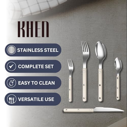 Khen Cutlery Set of 20, 18/8 Stainless Steel Flatware, Modern Silverware for Home, Kitchen, Dining & Table Setting for 4 – Stainless Steel, Dishwasher Safe, Lightweight & Ergonomic Design Gift - Cream - Image 5