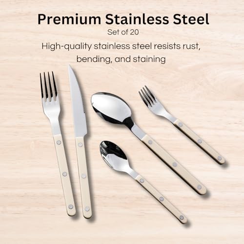 Khen Cutlery Set of 20, 18/8 Stainless Steel Flatware, Modern Silverware for Home, Kitchen, Dining & Table Setting for 4 – Stainless Steel, Dishwasher Safe, Lightweight & Ergonomic Design Gift - Cream - Image 4