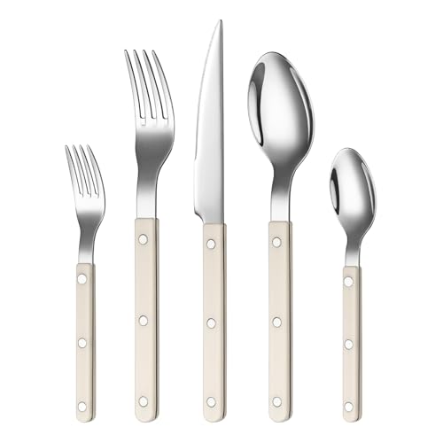 Khen Cutlery Set of 20, 18/8 Stainless Steel Flatware, Modern Silverware for Home, Kitchen, Dining & Table Setting for 4 – Stainless Steel, Dishwasher Safe, Lightweight & Ergonomic Design Gift - Cream - Image 1