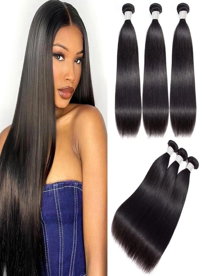 VIOLET Brazilian Human Hair Bundles 14 16 18 Inch 3 Bundles Human Hair Straight 12A Human Hair Bundles 100% Unprocessed Virgin Hair Weave Bundles Human Hair Extension for Women Double Weft Natural Color - Image 1