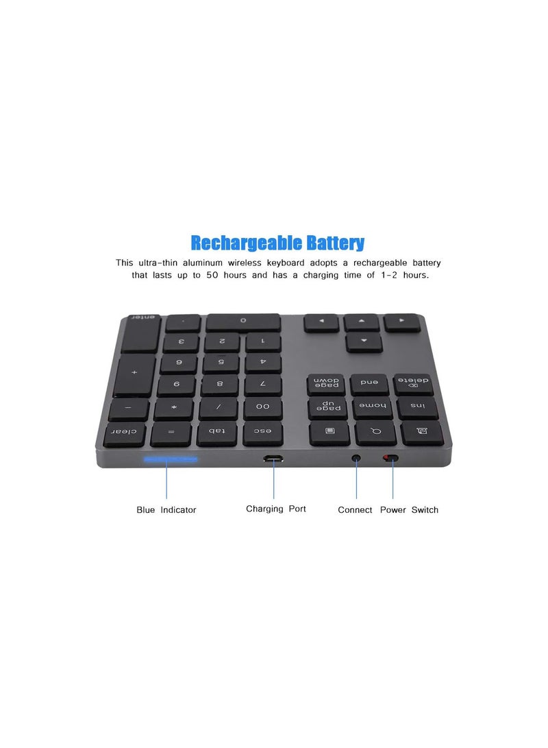 34 Keys Digital Wireless Bluetooth Numeric Keypad Portable Number Pad Keyboard USB Charge for OS X/Mac/Laptop/PC, Compatible with Windows, iOS, Android System
