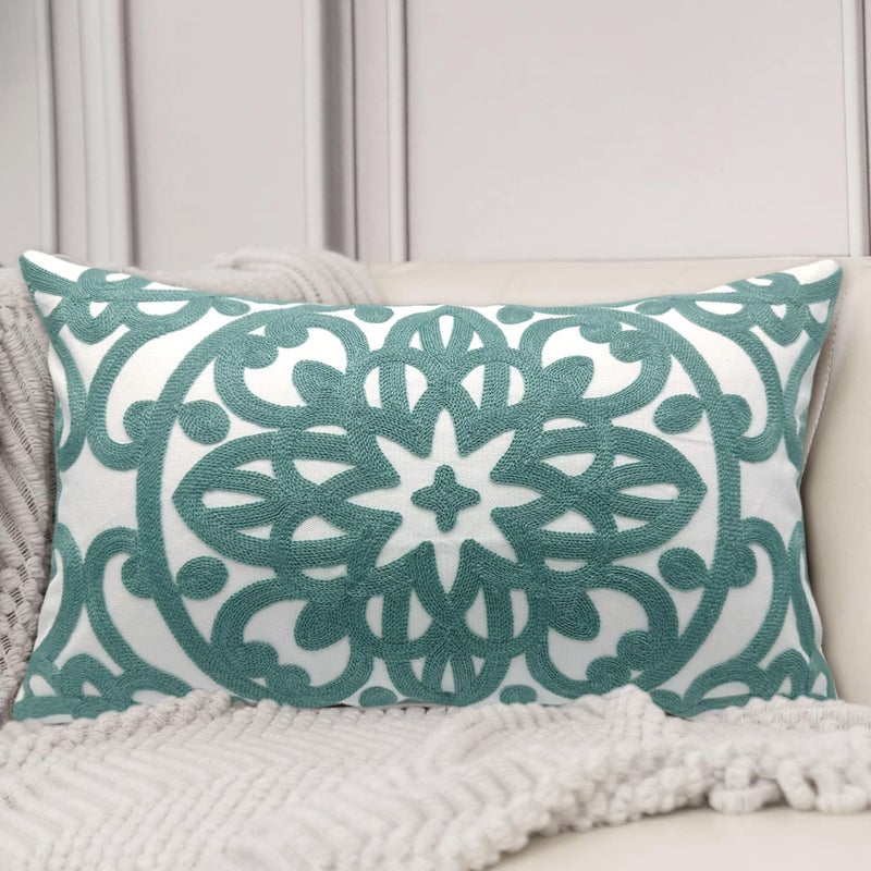 Alysheer Embroidered Decorative Throw Pillow Cover 18x18 inch Cozy Cool Boho Mandala Chic Knit Pattern Durable 100 Cotton Cushion Case for Sofa Couch Living Room Bedroom Office Gifts Aqua Blue