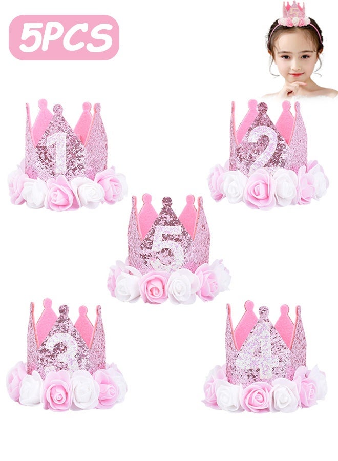 Quantum 5 PCS Birthday Crown Hat, Glitter Princess Tiara Headband Hat, Pink Party Crown Girl Birthday Decorations Gifts Pink Photo Props - Image 1