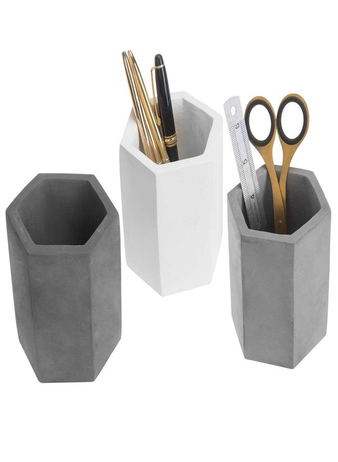MyGift Set of 3 Cement Decorative Hexagon Multi-Colored Desktop Pen Holder and Pencil Office Supply Stationary Storage Cups (White, Gray, Black) - Image 1