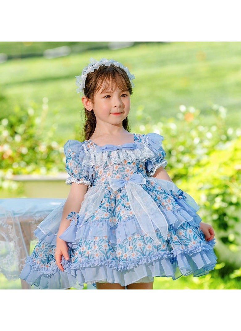Loquat Girl's Lolita Fluffy Short Sleeve Floral Dress Blue/White  - Image 1