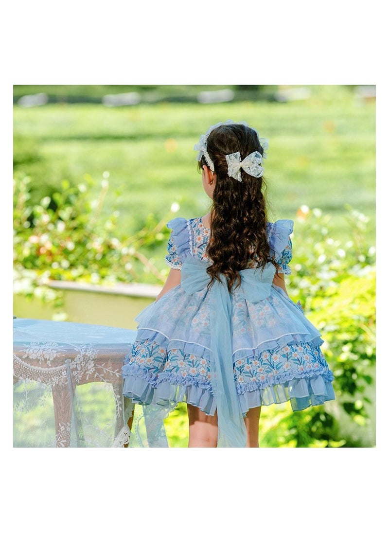 Loquat Girl's Lolita Fluffy Short Sleeve Floral Dress Blue/White  - Image 2