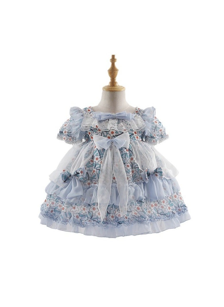 Loquat Girl's Lolita Fluffy Short Sleeve Floral Dress Blue/White  - Image 4