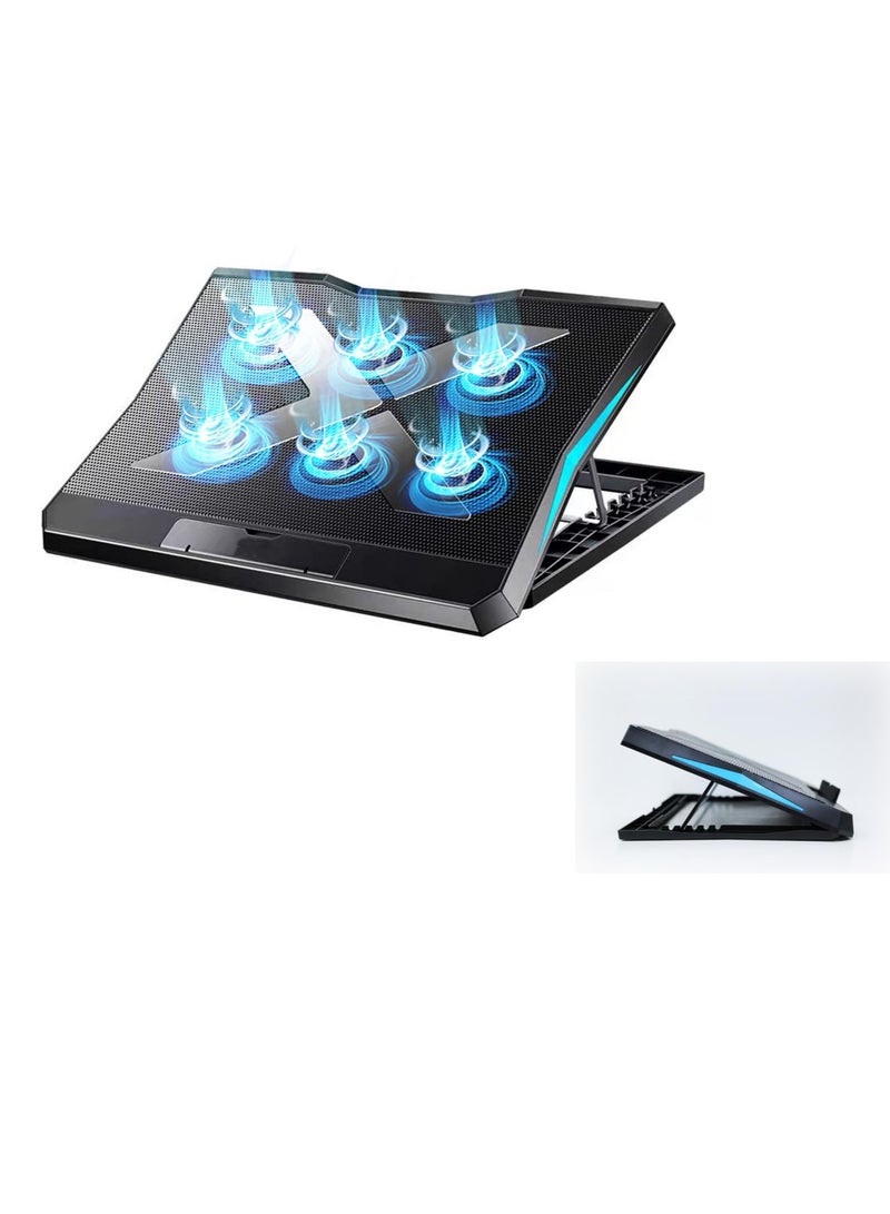 Zikra Laptop Cooling Pad, 2022 Upgrade Laptop Cooler Pad with 6 Cooling Fans, 6 Adjustable Height Stands, USB Powered Chill Mat for 11-15.6 Inch Laptops Blue LED Lights - Image 1