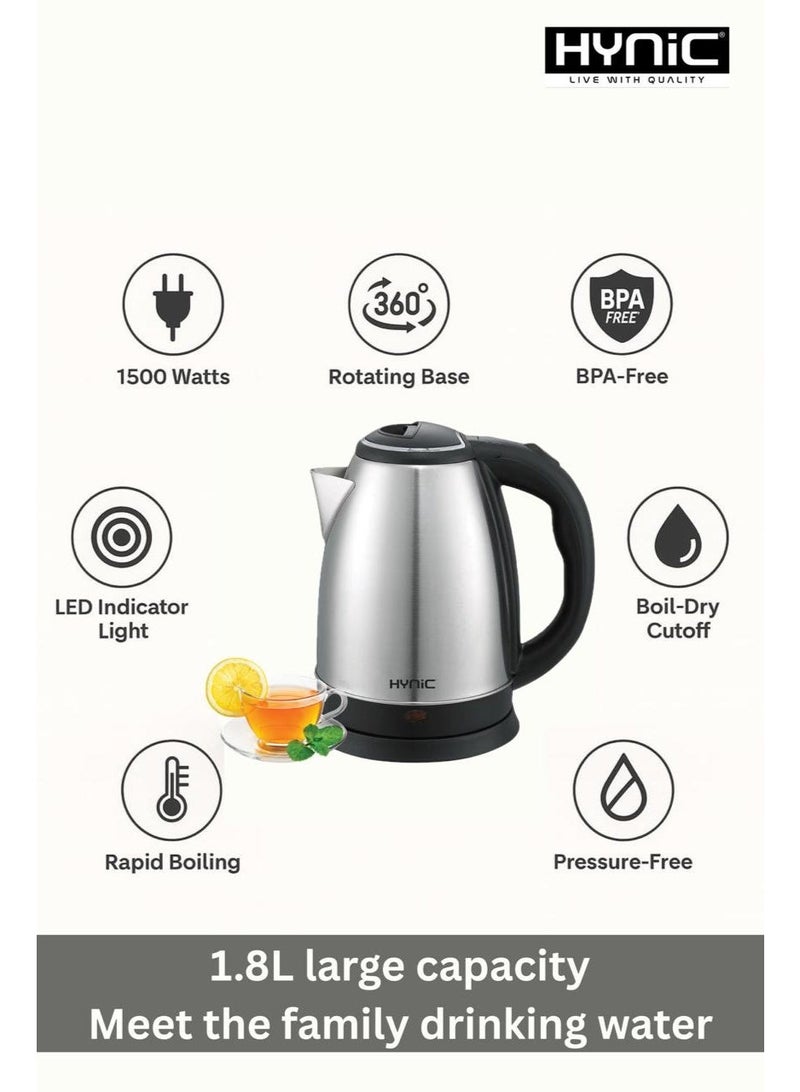 Hynic 1.8L Electric Kettle | 1500W Fast Boiling Stainless Steel Tea Kettle with Auto Shut-Off & Boil-Dry Protection | 360° Swivel Base | BPA-Free | Anti- Scald Ergonomic Handle - Image 3