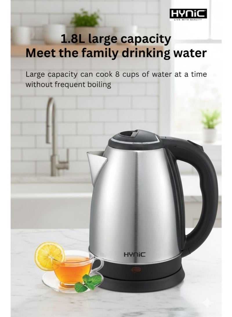Hynic 1.8L Electric Kettle | 1500W Fast Boiling Stainless Steel Tea Kettle with Auto Shut-Off & Boil-Dry Protection | 360° Swivel Base | BPA-Free | Anti- Scald Ergonomic Handle - Image 4