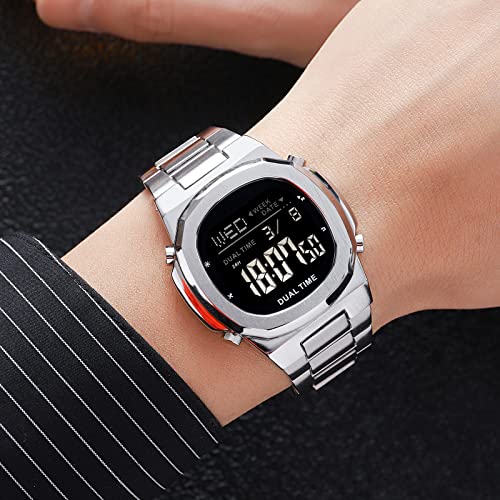 Reginald Men's Multifunctional Electronic Watch Outdoor Sports Watch EL Light Large Digital Display Timing Zinc Alloy Wirstwatch (Silver2) - Image 5