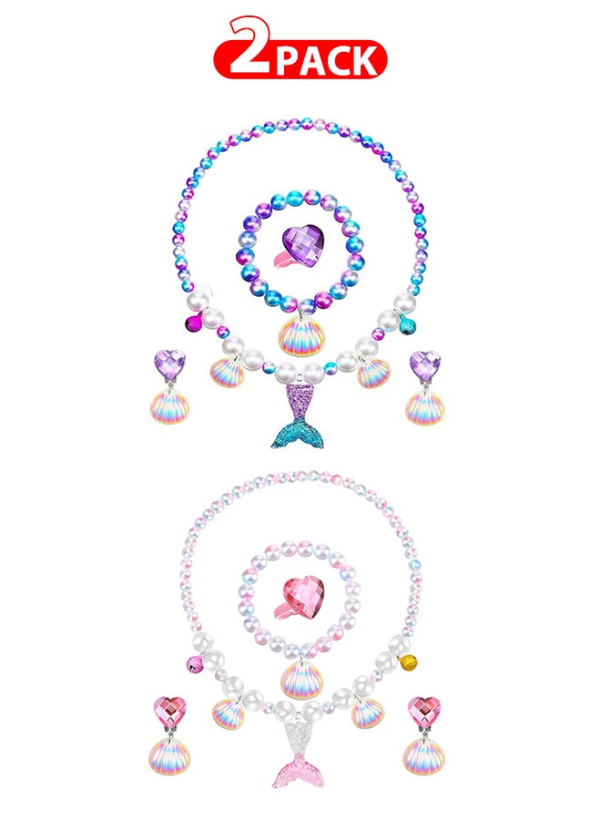 MARGOUN 2 Pack Mermaid Jewelry Set for Little Girls Princess Mermaid Stretchy Necklace Bracelet Earrings Ring Kids Pretend and Dress Up Jewelry for Toddlers Aged 2 3 4 5 Gift - Image 1