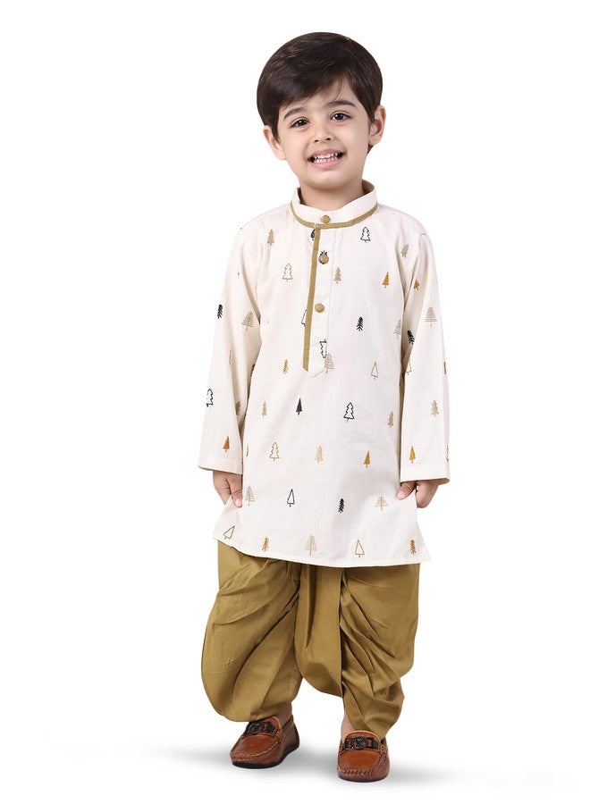 POLKA TOTS Cotton Full Sleeve Kurta Dhoti For Infant & Toddlers | Ethnic Wear For Festival & Wedding & Functions (Print: Christmas Tree Embroidery, 4-5 Y) - Image 1