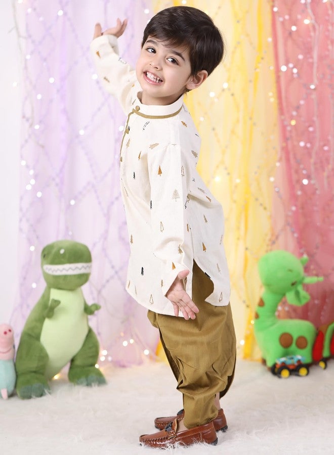 POLKA TOTS Cotton Full Sleeve Kurta Dhoti For Infant & Toddlers | Ethnic Wear For Festival & Wedding & Functions (Print: Christmas Tree Embroidery, 4-5 Y) - Image 3