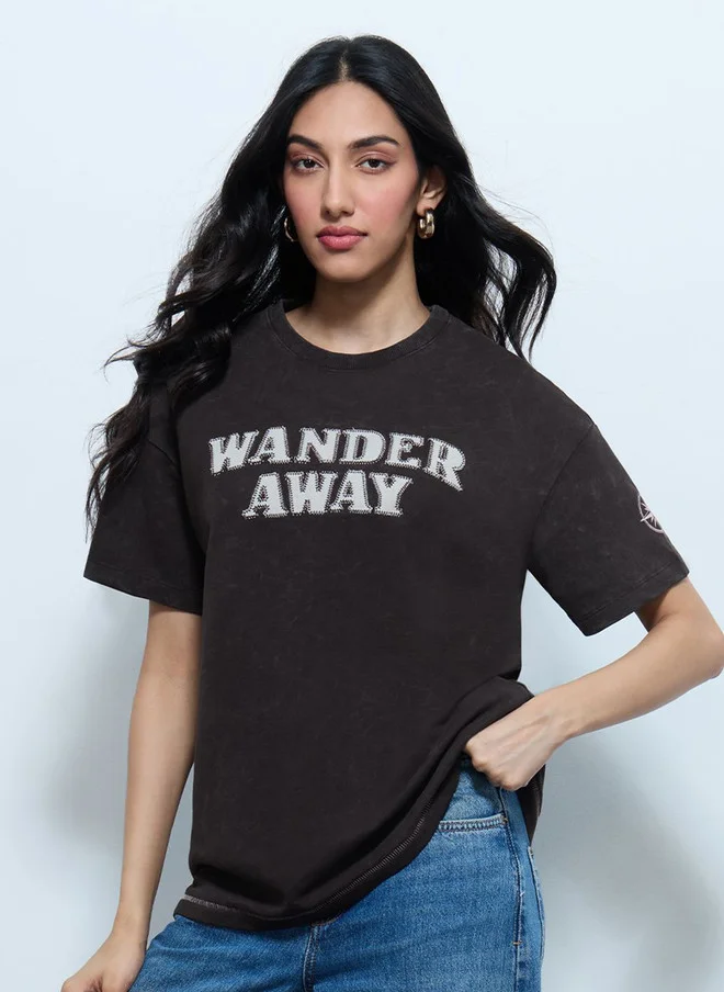 Wander Away Oversized Black T-Shirt for Women