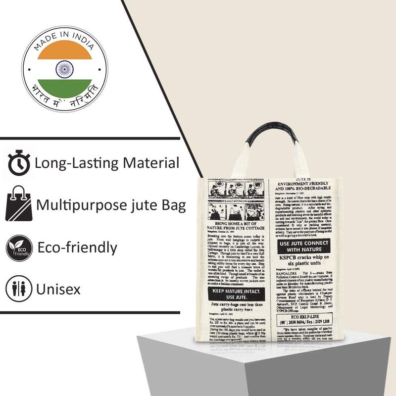 Jute Cottage Jute Bags for Lunch for Women and Men Jute Multi-Purpose Bags Newspaper Print - Image 5