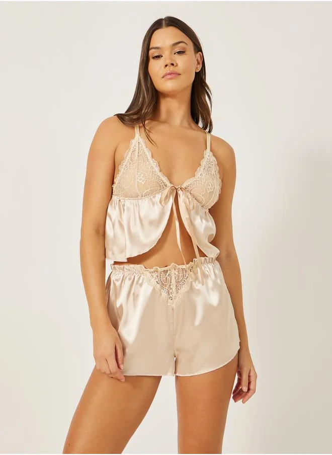 Styli Lace and Mesh Detail Bralette and Shorts Set