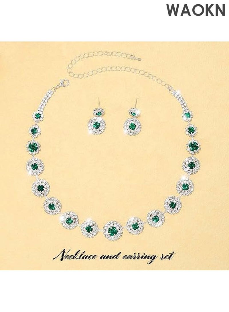 WAOKN Bridal Jewelry Set - Rhinestone Necklace & Earrings for Weddings - Elegant Formal Costume Jewelry Set for Women, Brides & Bridesmaids - Sparkling Wedding Party Accessories - Perfect Gift for Bride（Green) - Image 3