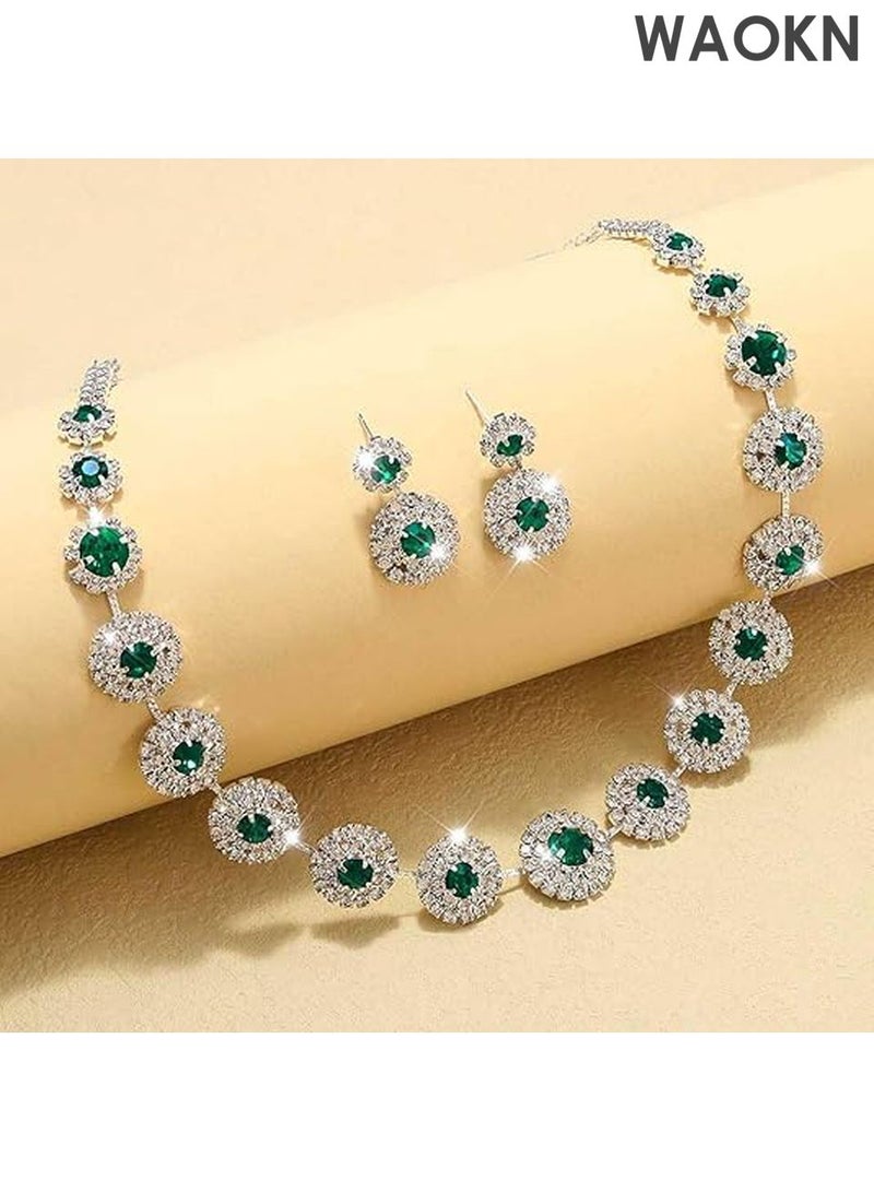 WAOKN Bridal Jewelry Set - Rhinestone Necklace & Earrings for Weddings - Elegant Formal Costume Jewelry Set for Women, Brides & Bridesmaids - Sparkling Wedding Party Accessories - Perfect Gift for Bride（Green) - Image 2