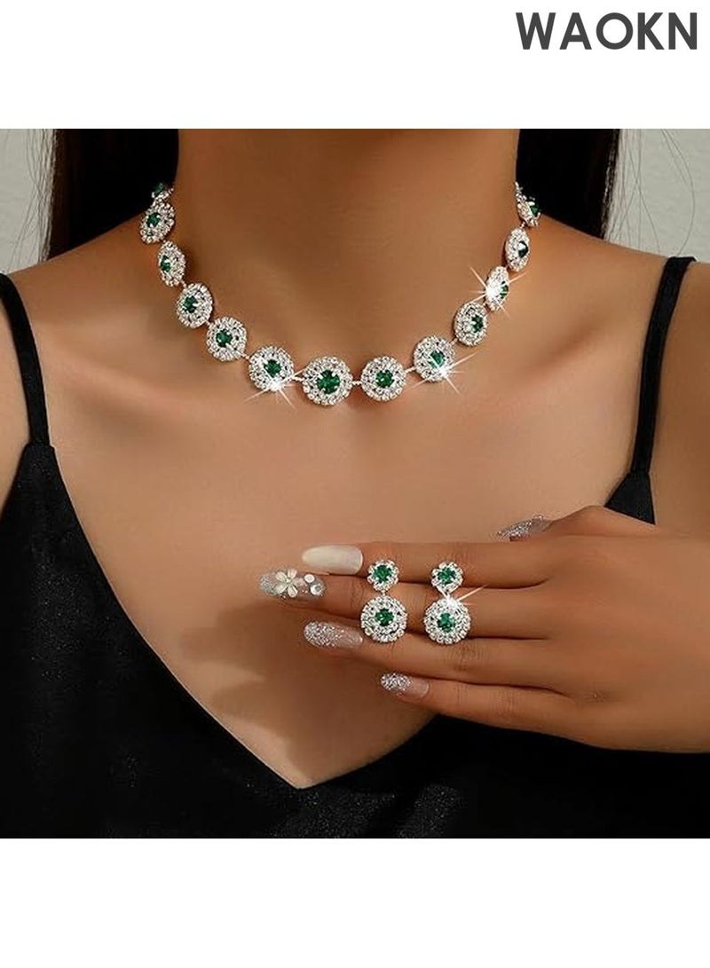 WAOKN Bridal Jewelry Set - Rhinestone Necklace & Earrings for Weddings - Elegant Formal Costume Jewelry Set for Women, Brides & Bridesmaids - Sparkling Wedding Party Accessories - Perfect Gift for Bride（Green) - Image 1